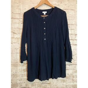 J. Jill Popover Top Womens Medium Navy Blue Crinkle Pleated Babydoll Lightweight
